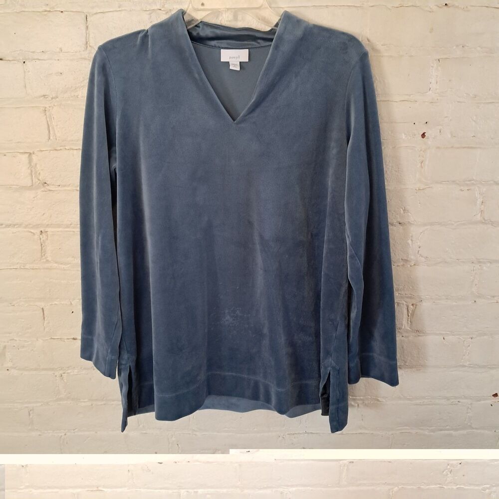 J Jill Pure Jill Long Sleeve Velour Tunic Top Blue V-Neck Womens Petite M Velvet